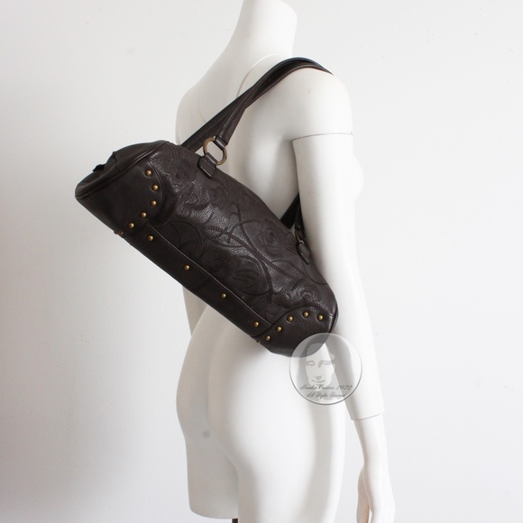 Sondra Roberts Bag Satchel Brown Leather Floral Embossed Studs - Picture 4 of 10